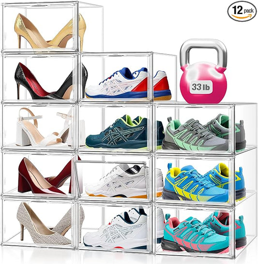 12 Pack Clear Acrylic Shoe Boxes, Wide Magnetic Door Shoe Organizer Size 12 | clear storage boxes for daily shoes, flats, low-top sneakers and closet storage,13.4 x 10.3 x 7.6 in by EDSFAM