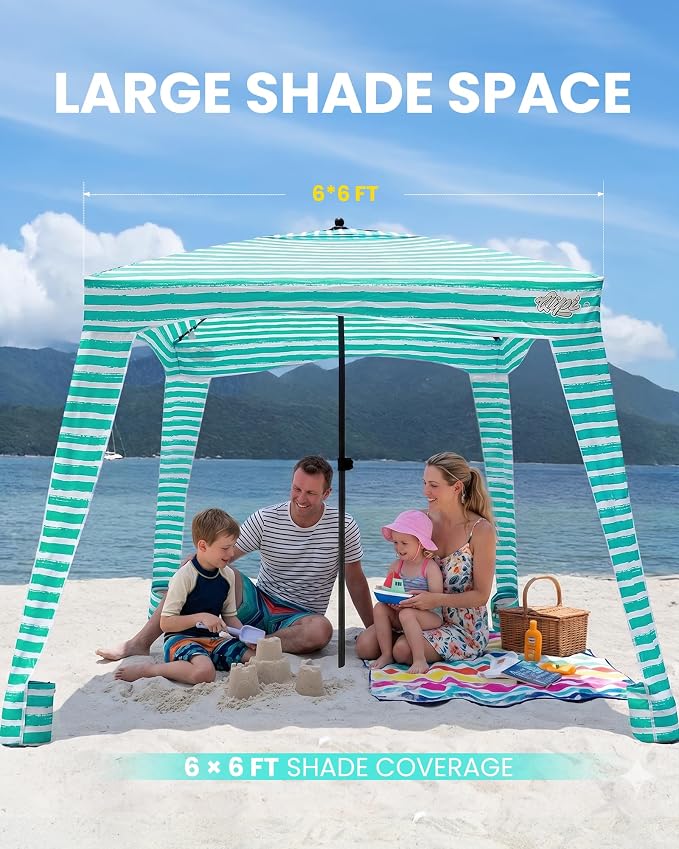 Qipi Beach Cabanas for Sand, Beach Canopy with Sandbags & Side Wall for Family, Easy Set Up Sun Shelter, UPF 50+ UV Protection with Roof Vent - Image 9
