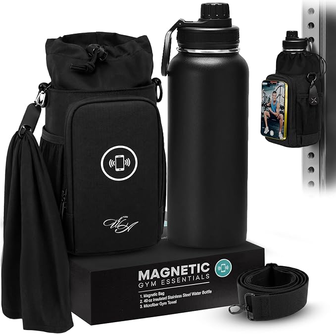 Magnetic Gym Bag & Magnetic Water Bottle Holder Set - 40oz Insulated Stainless Steel Bottle, Microfiber Towel, Cross Body Strap & Phone Holder Magnet - Gym Bag Essentials for Fitness, Work & Travel by Unknown
