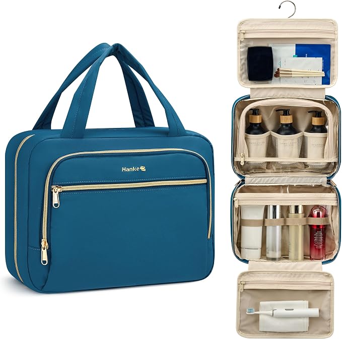 Hanke Hanging Travel Toiletry Bag for Women, Water-Resistant Makeup Organizer with Hook, Cosmetic Bag for Bathroom & Travel Essentials Accessories, Navy Blue by Hanke