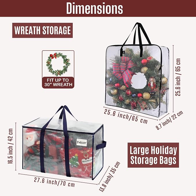 VENO 7 Pack Christmas Decoration Storage Bundle (5 Pack Wreath Storage Bag Garland Container+ 2 Pack Wrap-Around Handles Bags) - Image 2