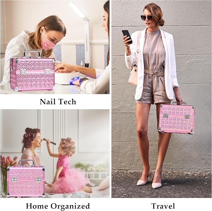 Makeup Case Organizer,Makeup Train Case, Trays Cosmetic Box Portable, Profesional for Salon Barber,Pink - Image 6