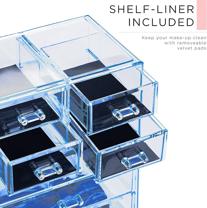 Sorbus Acrylic Makeup Organizer Set, 7-Drawer Vanity & Countertop Cosmetic Storage with Small & Wide Compartments, Blue Brilliance Makeup Storage for Brushes, Jewelry – Holiday Gift for Women & Teens - Image 6