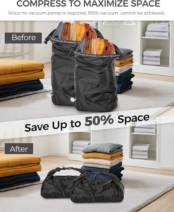 Travel Laundry Bag, Pump-Free Vacuum Compression Dirty Clothes Bag, Reusable Waterproof & Washable Laundry Bag, Wet and Dry Bag, Ideal for Suitcases, Road Trip Essentials (2 Pcs, M+L) Black - Image 3