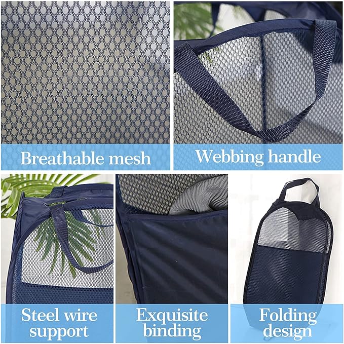 AQQA 9 Pcs Mesh Popup Laundry Hamper Set, Black/White/Blue, Durable Handles, Foldable, Sturdy Mesh Construction, Ideal for Kids, Teens, Adults, College Dorm, Camping, Hotel, Travel - Image 4