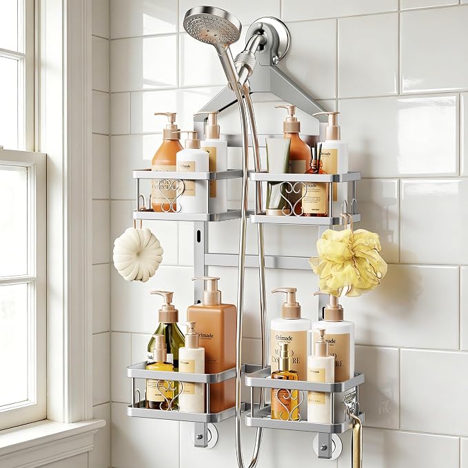Orimade Adjustable Hanging Shower Caddy for Handheld Shower Heads, Rustproof Bathroom Shelf Organizer Over Showerhead Storage Rack with 8 Hooks, Easy-Clean Removable Baskets & Triple Anti-Slip, Silver by Orimade