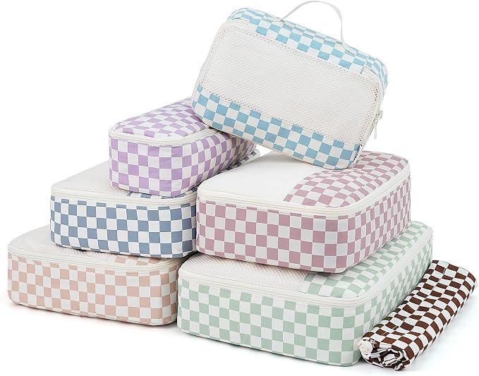 Narwey 7 Set Checkered Packing Cubes for Travel Kids Women, Durable Packing Organizer Bags for Carry on Suitcase Luggage Travel Essentials Accessories (Combined Checkerboard) by Narwey
