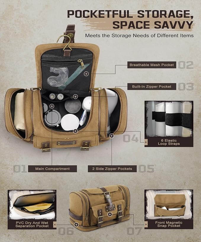 ARCFOX Travel Hanging Toiletry Bag for Men, Vintage Canvas Large Toiletry Bag with 7 Compartments, Camping Gym Travel Toiletry Kit Organizer with PVC Wet & Dry Pockets, Personalized Wash Bag, Brown - Image 4