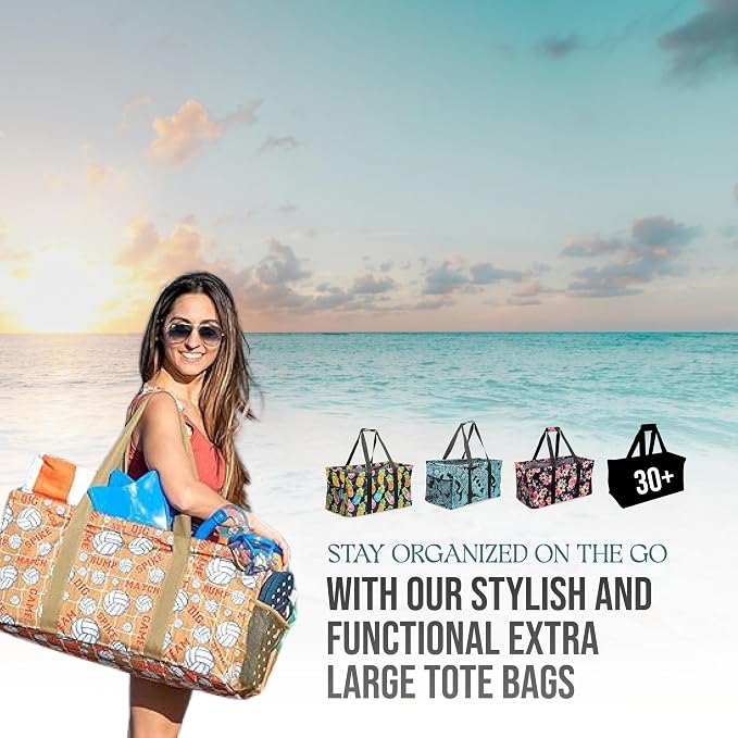 Extra Large Utility Tote Bag, Oversized Collapsible Reusable Wire Frame Rectangular Canvas Basket With Two Exterior Pockets For Beach, Pool, Laundry, Car Trunk, Storage - Chevron Pink - Image 9