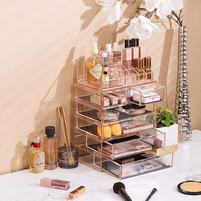 Sorbus Acrylic Makeup Organizer Set, 6-Drawer Vanity & Countertop Cosmetic Storage with Small & Wide Compartments, Pink Makeup Storage for Brushes, Jewelry – Holiday Gift for Women & Teens - Image 5