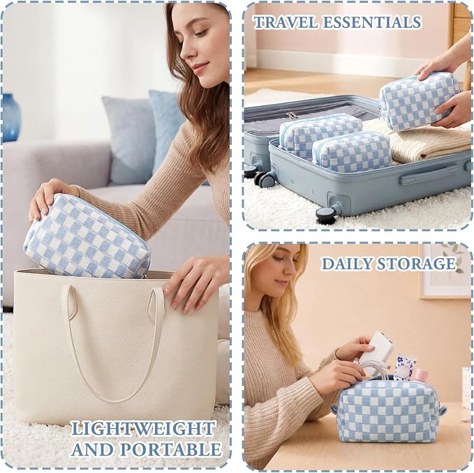 Gilprop 8 Pcs Checkered Makeup Bag for Purse Small Cosmetic Pouch Bulk Portable Zipper Makeup Pouch Travel Toiletry Organizer Gifts for Women Bridesmaid Wedding Party Favors (Blue) - Image 6