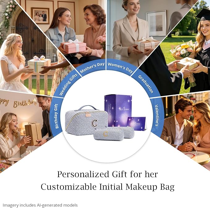 Personalized Gift Travel Makeup Bag: Initial Makeup Organizer Bag for Women | 3-in-1 Custom Make up Bag Set - Vegan Leather Travel Cosmetic Bag - Luxury Gift for Women – Birthday, Anniversary, Graduation - Image 7