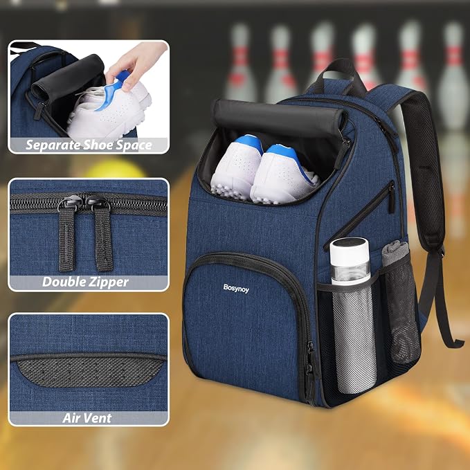 Bosynoy Bowling Backpack, Single Bowling Ball Bag with Shoe Compartment | Bowling Bag Totes with Foam Padded Protection, Fits Shoes Up to US Mens Size 16 and Accessories, Grey - Image 5