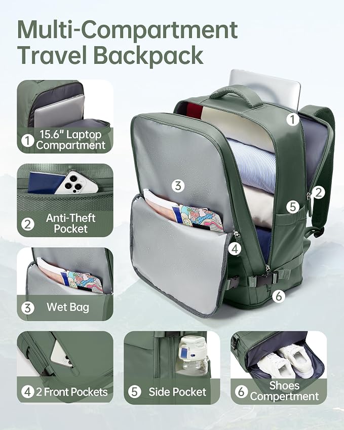 Carry on Travel Backpack for Women Men Large Hiking Laptop College Backpacks Personal Item Bag Waterproof Lightweight Backpack Flight Approved Mochilas de Viaje for Weekender Business,Army Green - Image 3