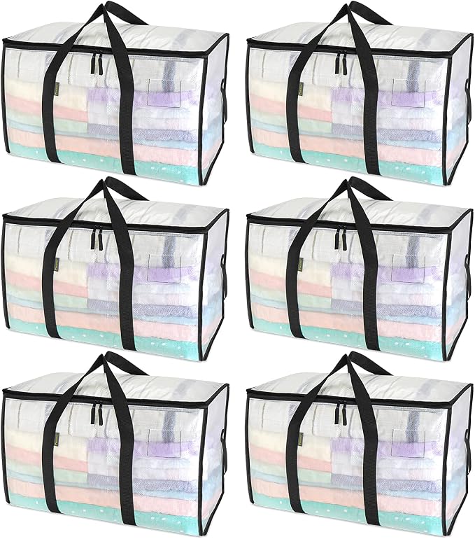 BALEINE 6-Pack Oversized Moving Bags with Reinforced Handles, Heavy-Duty Storage Tote for Clothes, Moving Supplies (Clear, 6-Pack) by BALEINE