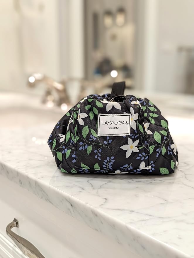 Lay-n-Go Cosmo Drawstring Cosmetic & Makeup Bag Organizer - Portable Drawstring Makeup Bag w/Zipper Pocket, Makeup Loops & More - Durable, Machine Washable Toiletry Bag (20", Floral Large) - Image 7