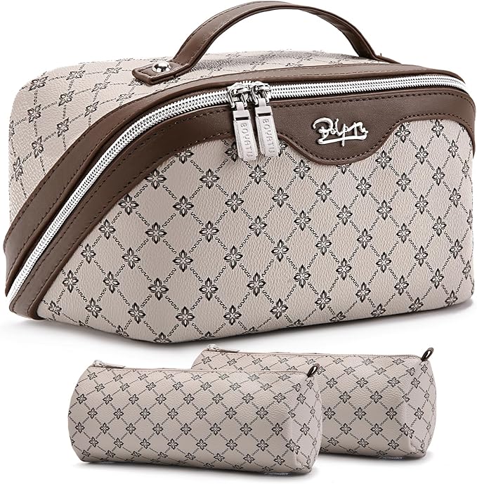 BOYATU Travel Makeup Bag Cosmetic Bags for Women: 3 Pcs Set Large Capacity Make up Bag with Handle - Vegan Leather Toiletry Bags with Compartments - Makeup Organizer for Travel Essentials(A-2-Khaki) by BOYATU