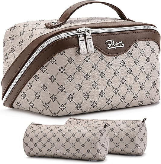 BOYATU Travel Makeup Bag Cosmetic Bags for Women: 3 Pcs Set Large Capacity Make up Bag with Handle - Vegan Leather Toiletry Bags with Compartments - Makeup Organizer for Travel Essentials(A-2-Khaki) by BOYATU
