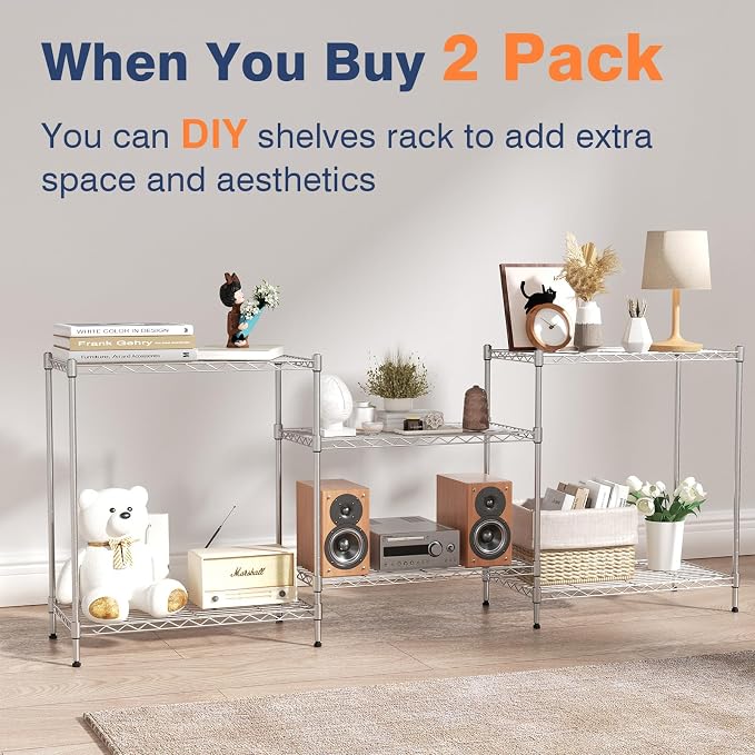 750lbs 3-Tier Wire Shelf Rack,24" Dx14 Wx22 H,Kitchen Metal 3-Shelves Rack with Lockable Wheels,Height Adjustable Wire Shelving Unit and Storage for Living Room,Laundry,Office,Pantry,Studio - Image 7
