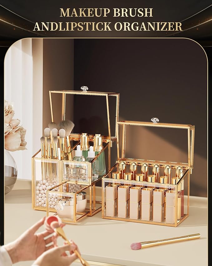 CoralHouse Makeup Brush Organizer – Vanity Organizer with 18-Slot Lipstick Organizer & Makeup Brush Holder with Lid – Skincare, Perfume & Cosmetic Storage for Bathroom or Dresser - Image 2