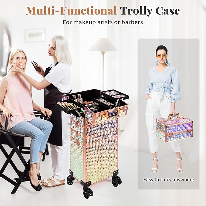 AROUS 5 in 1 Rolling Makeup Train Case with Lid Cosmetology Case on Wheels | Large Cosmetic Trolley Organizer with Keys Salon Barber Case Traveling Cart Trunk for Artist Hairstylists Nail Tech, Colorful - Image 5