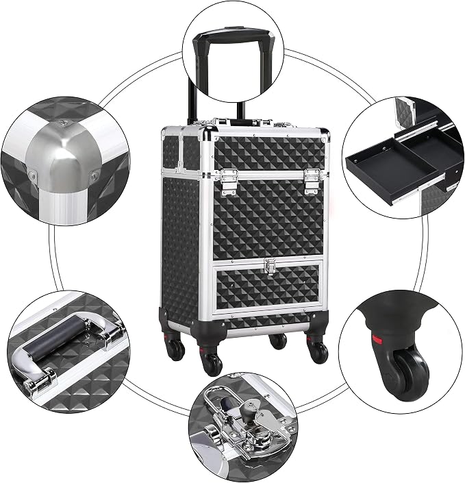 Yaheetech Rolling Makeup Train Case with a Drawer Nail Trolley Black/Silver | Sturdy ABS & aluminum nail cart organizes beauty supplies in side trays and a drawer, rolls smoothly & lockable for travel - Image 3