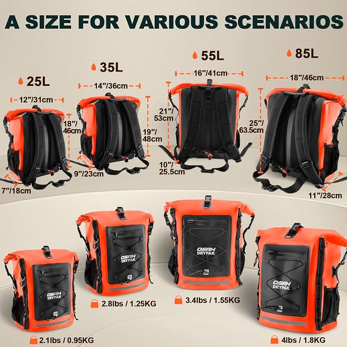 OSAH DRYPAK Waterproof Backpack Dry Bag 35L/55L/85L– Heavy Duty Roll-Top Hiking Backpack Sack Keeps Gear Dry for Travel, Kayaking, Boating, Camping, Rafting and Fishing - Image 2
