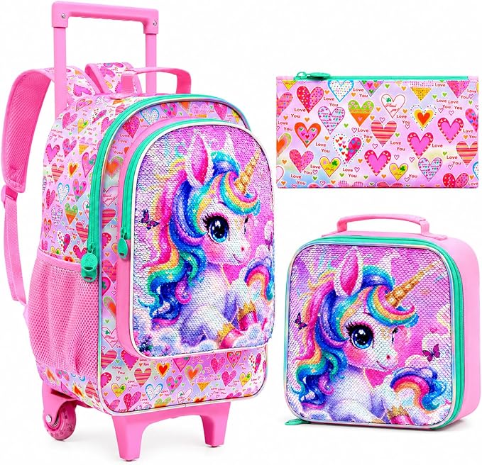 AGSDON 3PCS Rolling Backpack for Girls Boys, Kids Roller Wheels Bookbag, Wheeled School Bag with Lunch Bag by AGSDON