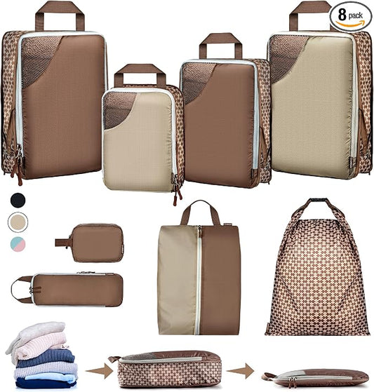 Oriday Set of 8 compression packing cubes for travel accessories- Expandable bags for clothing, toiletry, backpacks, organizing essentials (Beige) by Oriday