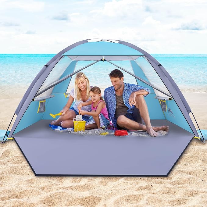 Happy Travel Beach Tent, UPF 50+ UV Protection Sun Shade Shelter for 3/4/5/6/7/8 Person, Portable Beach Canopy for Family & Baby, Lightweight & Easy Setup Beach Cabana with 3 Ventilation Mesh Windows by HappyTravel