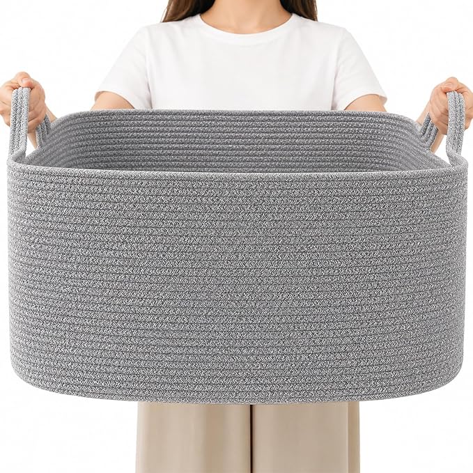 96L XXXLarge Woven Laundry Basket with Sturdy Handles - Grey | Machine washable,Space-Saving Collapsible Design,Cotton rope, blanket basket living room,for toys clothes nursery bathroom by HZFTJOY