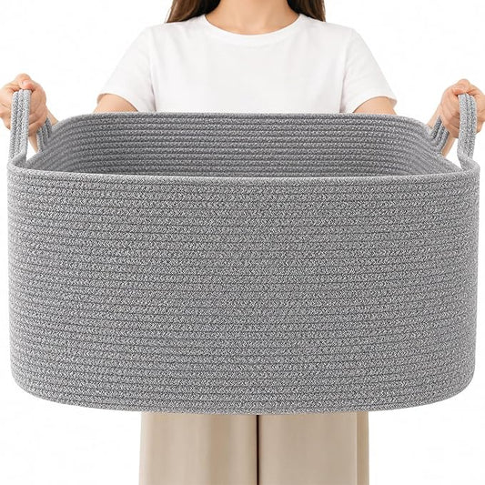 96L XXXLarge Woven Laundry Basket with Sturdy Handles - Grey | Machine washable,Space-Saving Collapsible Design,Cotton rope, blanket basket living room,for toys clothes nursery bathroom by HZFTJOY