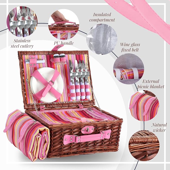 Picnic Basket Set for 4 with Waterproof Blanket Mat Insulation Bag Wicker Pink Stripe Classic Fresh Gift for Christmas Thanksgiving Wedding Birthday Camp Outdoor Beach Travel - Image 4
