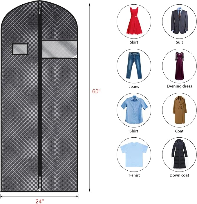 Univivi 60 Inch Lightweight Garment Bag for Hanging Clothes, 10 Pack, Black | Breathable Dress Bag, Dustproof Hanging Garment Bag, Clear Window and ID Card Holder for Coats, Dresses - Image 2