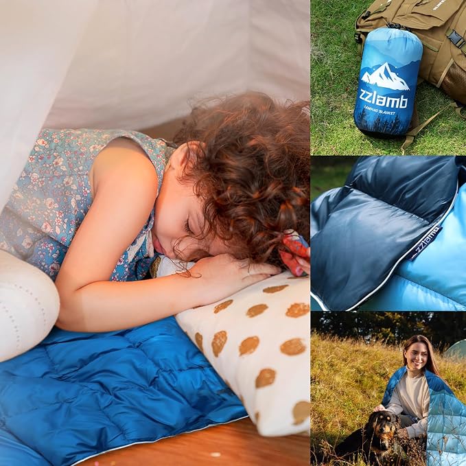 zzlamb Puffy Down Camping Blanket Water-Repellent, Down Throw Travel Blanket Portable for Outdoor, Light Warm Quilt for Couch Plane Car Theater Stadium Picnic RV Backpacking Hammock - Image 2