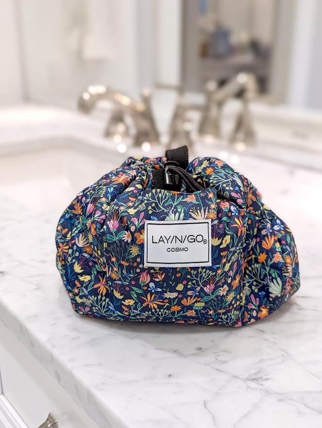 Lay-n-Go Cosmo Layflat Drawstring Cosmetic & Makeup Bag Organizer - Portable Drawstring Makeup Bag w/Zipper Pocket, Loops & More -Durable, Machine Washable Toiletry Bag (20", Butterfly Small Floral) - Image 7