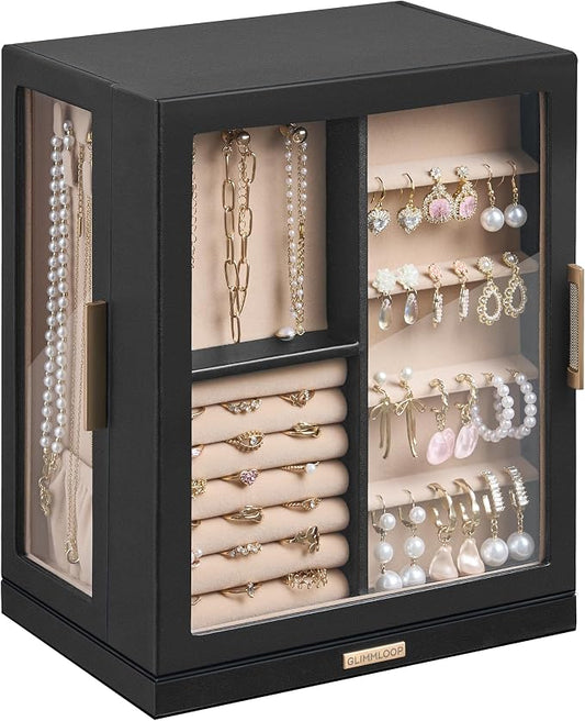 Glimmloop 360° Rotating Jewelry Box with 5 Drawers, Spacious Vertical Jewelry Organizer with Glass Window, Jewelry Storage Case, Dustproof & Moisture-resistant Design, Black by Glimmloop