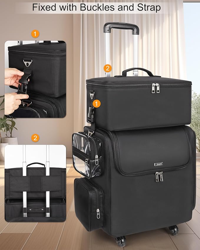 Relavel Rolling Makeup Train Case with Large Makeup Case, Hairstylist Traveling Bags with 5 Small Clear Bags, Cosmetology Case on Wheels, Hair Tools and Cosmetics Storage Organizer Trolley Suitcase - Image 3