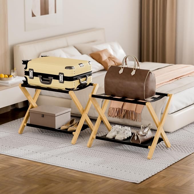 HITNET Luggage Rack 2 Pack, Folding Suitcase Stand for Guest Room, Bamboo Luggage Holder with Storage Shelf for Hotel Bedroom, Natural - Image 2