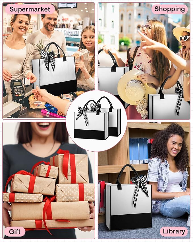 Reginary 6 Pcs Canvas Beach Tote Bags with Handles and Scarves Large Capacity Waterproof Tote Set for Women Black and White Reusable Gift Bags for Travel Shopping Wedding - Image 7