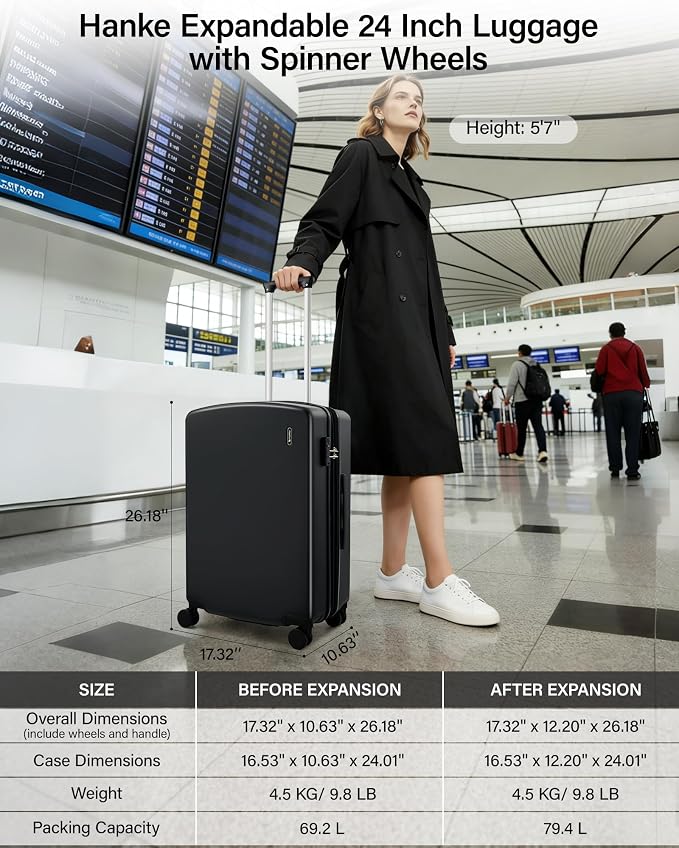 Hanke 24 Inch Expandable Hard Sided Luggage with Spinner Wheels, Checked Luggage for Travel, Hard Shell Suitcases With Wheels Durable Medium Suitcase for Woman Men with Tsa Lock(Jet Black) - Image 2