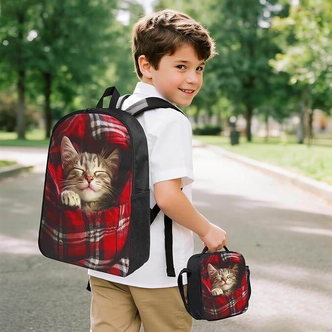 Cat Kid Backpack Set with Lunch Bag & Pencil Case Large Capacity School Bag 17 Inch Bookbag for Boy Girl - Image 2
