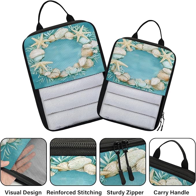 Beach Theme Starfish Shell Compressible Packing Cubes for Suitcase 6 Set Lightweight Expandable Compression Packing Travel Luggage Organizer - Image 3