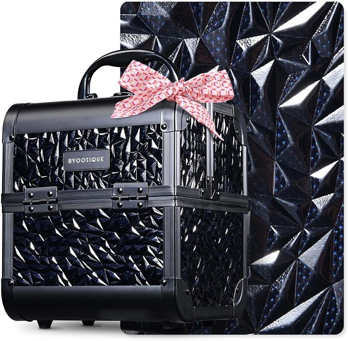 BYOOTIQUE Mini Makeup Train Case with Mirror 2 Tier Trays Box Makeup Artist | Aluminum Portable Travel Makeup Case Organizer Box Lockable Suitcase Cosmetic Storage Hairstylist Nail Tech Mermaid Black by BYOOTIQUE