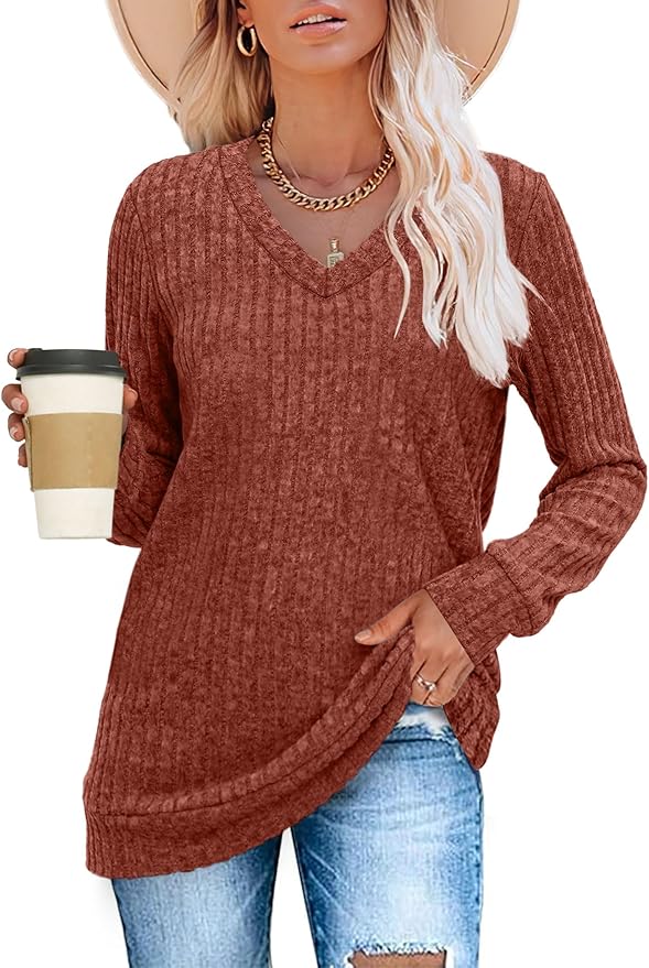 Sampeel V Neck Long Sleeve Shirts for Women Casual Fall Tops Lightweight Tunic Sweaters Fashion Clothes Loose Fit 2025