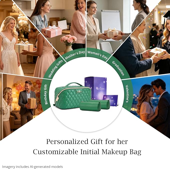 Travel Makeup Bags Cosmetic Organizer: 3Pcs Set Puffy Make up Bag for Women | ForestGreen Premium Quilted ELEGANCE Design | Large Capacity Leather Toiletry Bags | Wide Open Compact Case for Travel - Image 8