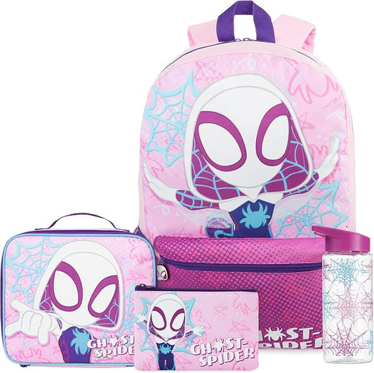 Get Trend Marvel Ghost Spider Kids Backpack 4 Piece Set | 18 inch Bookbag, Insulated Lunch Bag, Zipped Pencil Case & BPA-Free Water Bottle for School & Travel, Gifts for Girls by GetTrend