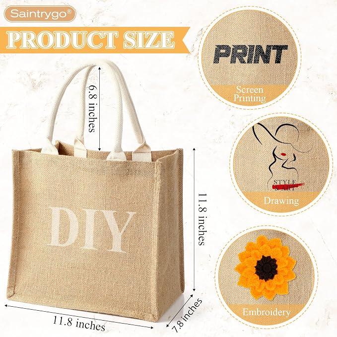 Saintrygo 12 Pcs Burlap Jute Tote Bags with Handle Reusable Blank Bridesmaid Gift Bags for Shopping Wedding DIY, 12x12x7.7In(Jute and White) - Image 2