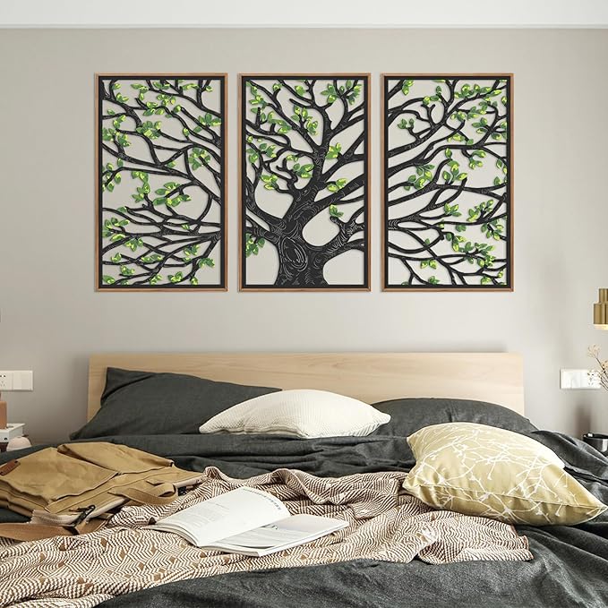 CHDITB Wooden Tree of Life Framed Wall Art(Set of 3, 16"x32"), 3 Panel Rustic Birch Green Leaves Hollow Laser Cut Artwork Decor, Modern Family Tree Wall Sculpture for Living Room Bedroom