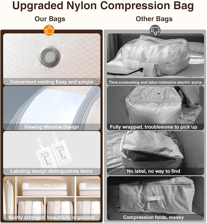 Homsorout 2 Pack Compression Storage Bags - 110L Large Capacity Comforter Storage Bag, 3-Layer Washable Ultra Space Saving Self Compression Organizer Space Bags for Blankets, Sweaters, Sheets, Beige - Image 6